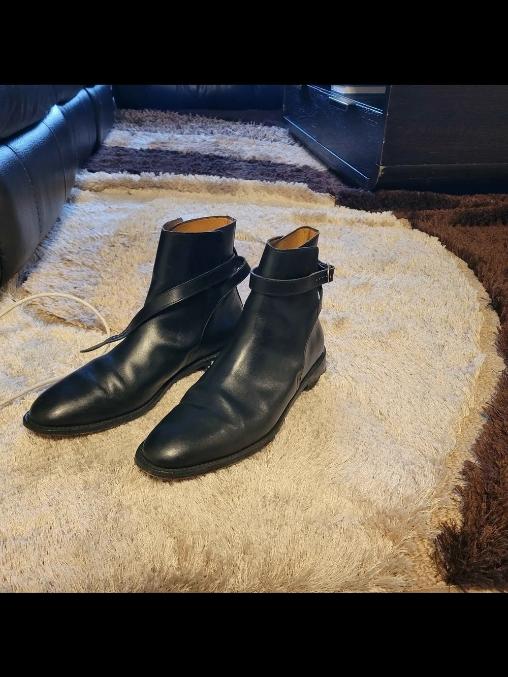 Men's Black Leather Ankle Boots with Buckle Strap